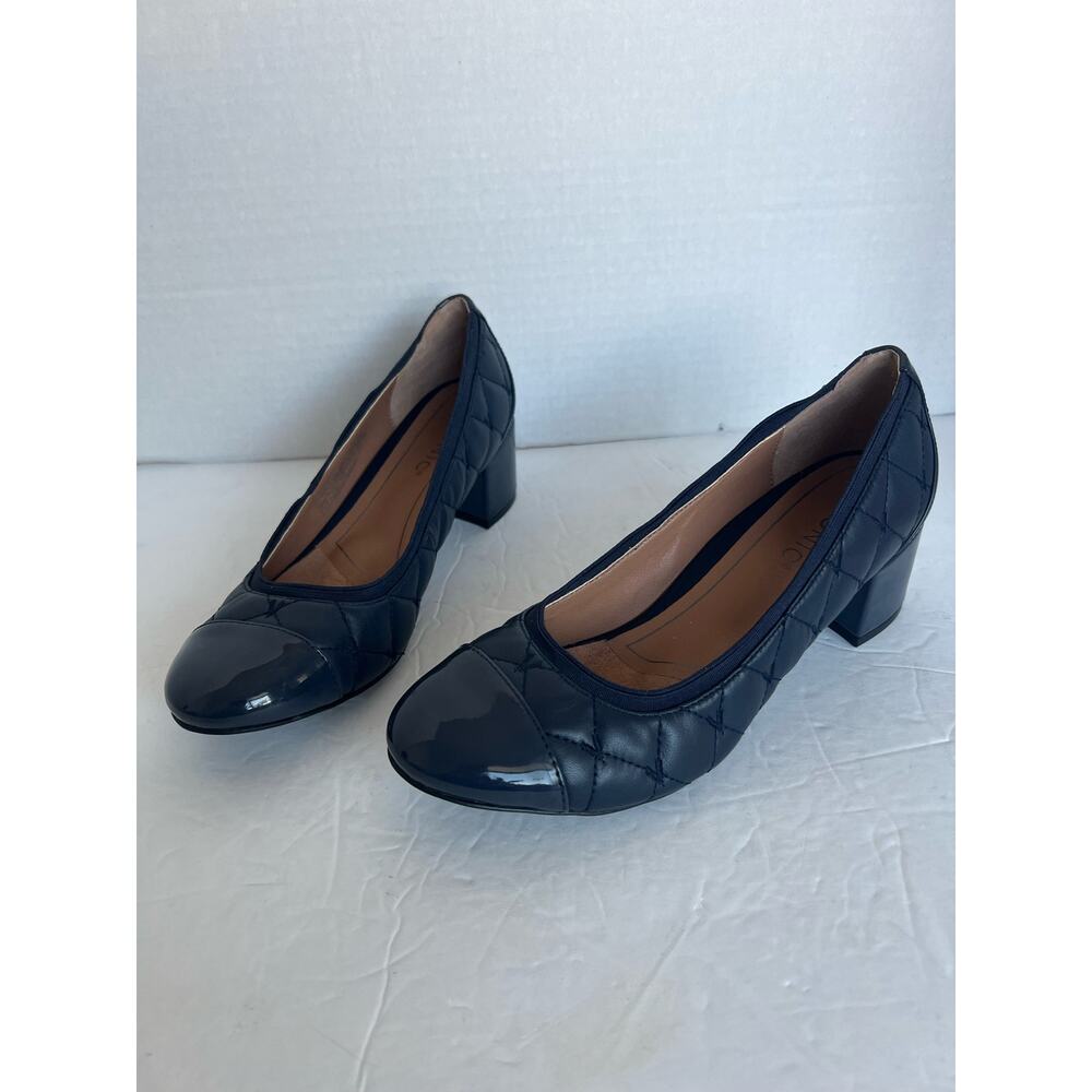 Vionic Navy Quilted Patent Block Heel Pumps